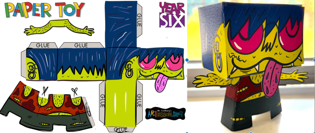 A colorful paper toy design featuring a character with blue hair, exaggerated facial features, and a playful expression. The template includes glue tabs and sections marked for assembly, alongside a finished 3D version of the toy.